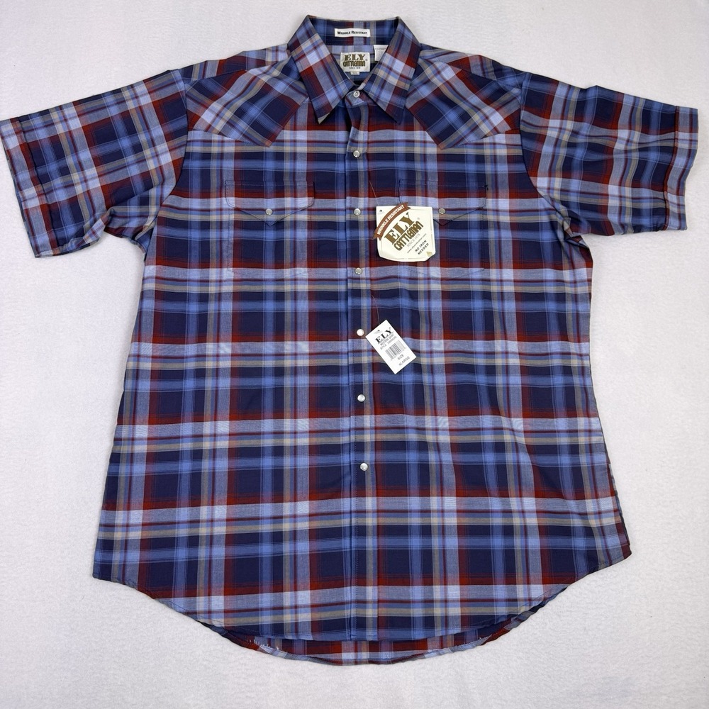 Ely Cattleman Western Shirt Mens XL NWT Blue Plaid Pearl Snap Short Sleeve